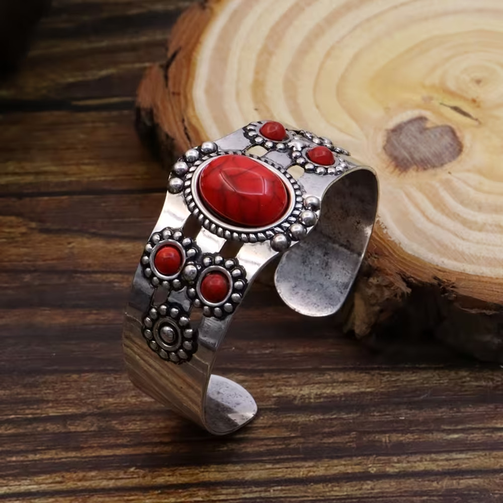 Retro Bohemian Open Cuff Bracelet Womens Adjustable Silver-Plated Western Chic